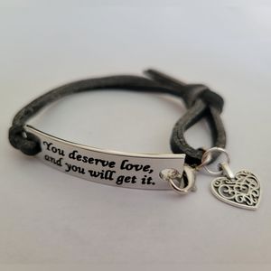 New Encouragement Bracelet Black Leather Dangle Heart Charm Adjustable